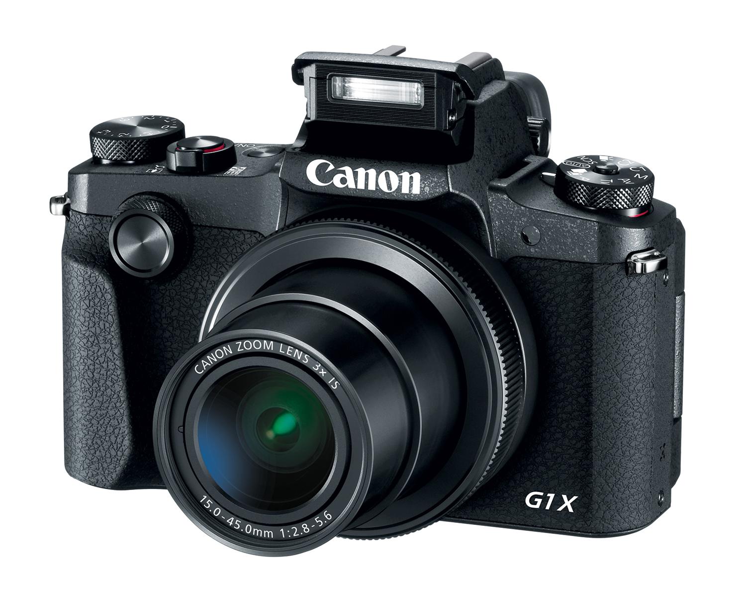Canon PowerShot G1 X Mark III - Vue à trois quarts avec flash