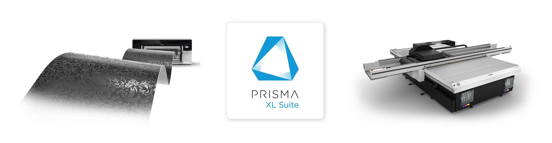 Collage d’images des produits FLXfinish+, logo de PRISMA XL et la gamme Arizona 6100 Mark II