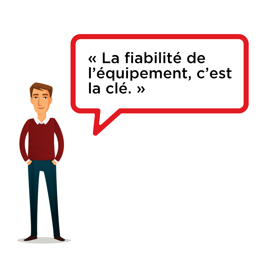Un homme de dessin animé avec une bulle de réflexion disant « La fiabilité de l’équipment, c’est la clé »