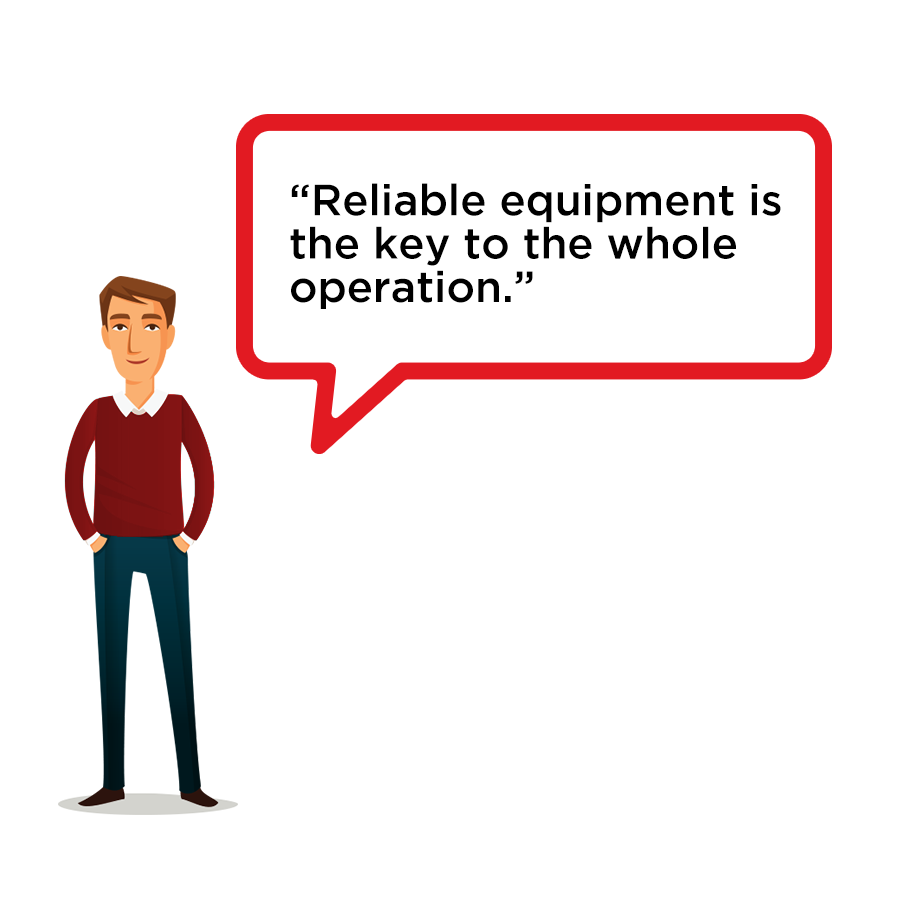 Cartoon man with thought bubble saying 'Reliable equipment is the key to the whole operation'