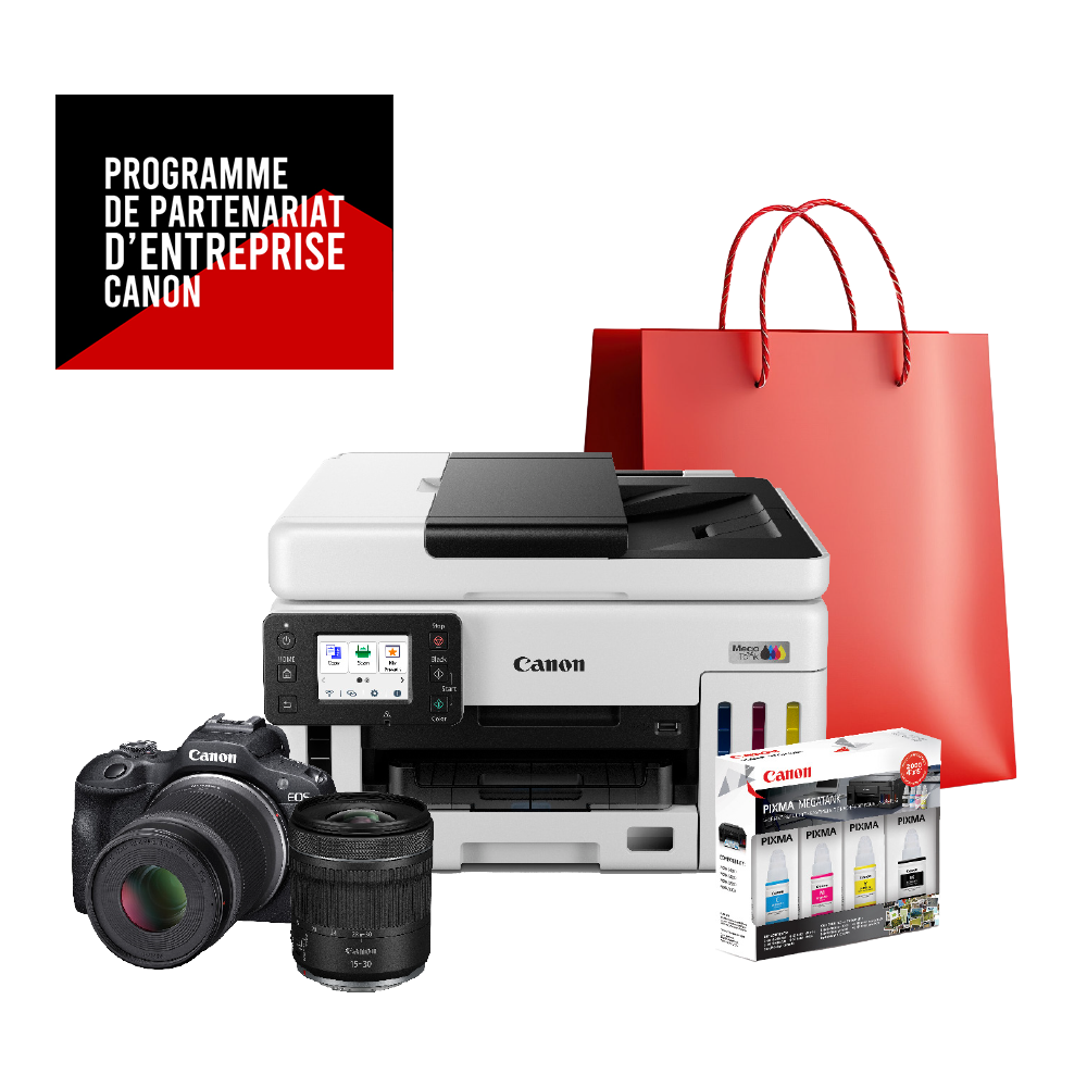 Produits Canon à côté du logo Canon Perks