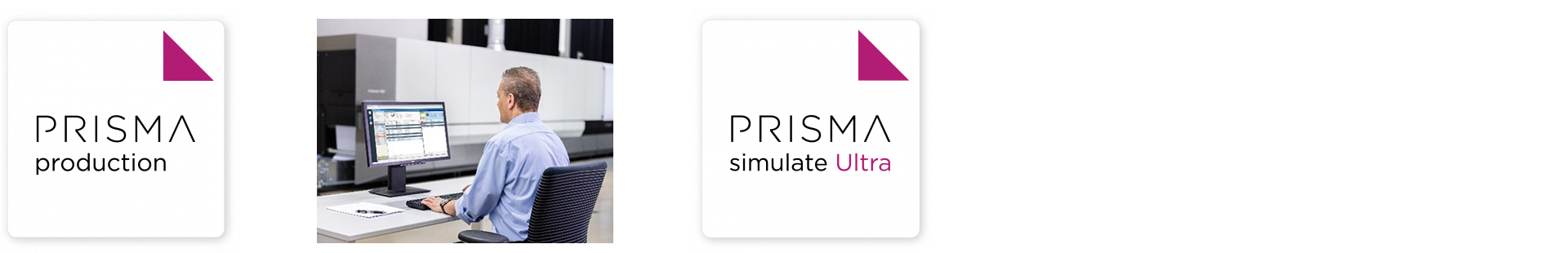 PRISMAproduction logo, man working on desktop computer and PRISMAsimulate Ultra logo