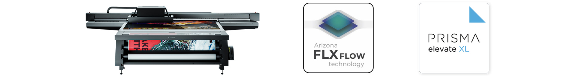 Imprimante Arizona 2300 FLXflow, logo de la technologie Arizona FLXflow et logo PRISMAelevate XL