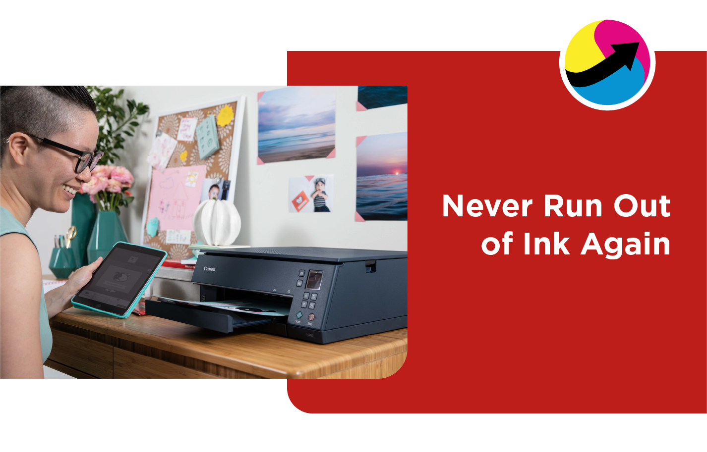 Woman using Canon printer with her tablet