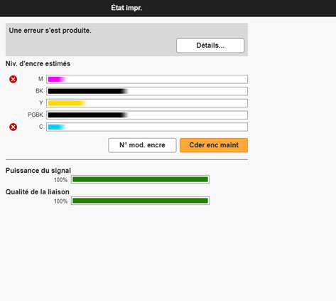 Interface d'imprimante pour Mac, affichant l'emplacement de la fonction « Commander de l’encre »