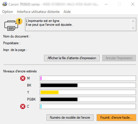 Interface d’imprimante pour Windows, affichant la fonction d’avis de niveau d’encre faible